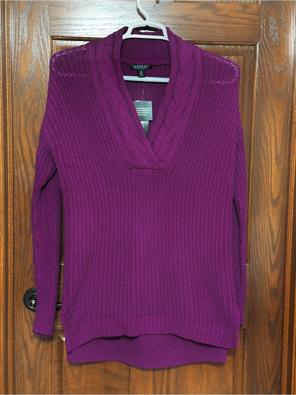 NWT Lauren Ralph Lauren Size M Dark Magenta Cable-Trim Shawl Neck Tunic Sweater